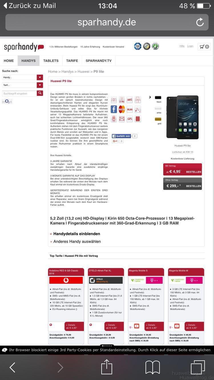 Sparhandy, Huawei P9 lite, Angebot, kaufen, verfügbarkeit
