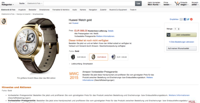 Amazon listet die Huawei Watch