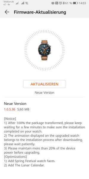 HUAWEI Watch GT Firmware Update 1.0.5.36 (neues animiertes WatchFace) 1