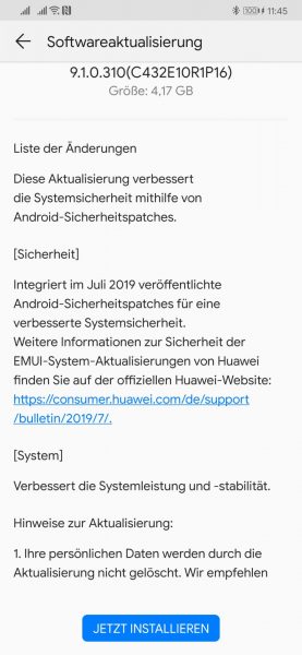 HUAWEI Mate 20 (Pro) bekommt Juli Firmware Update - Full OTA 2