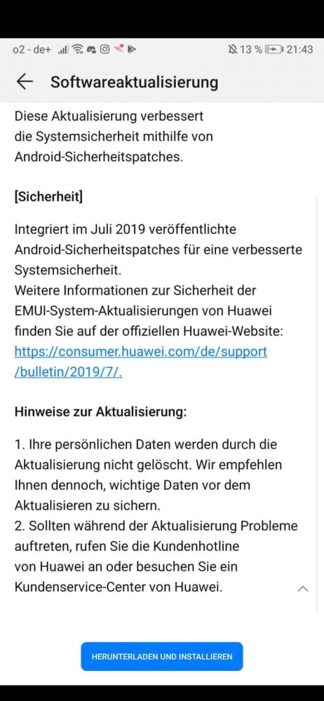 HUAWEI P Smart Sicherheitspatch 9.1.0.122 - Juli - Changelog