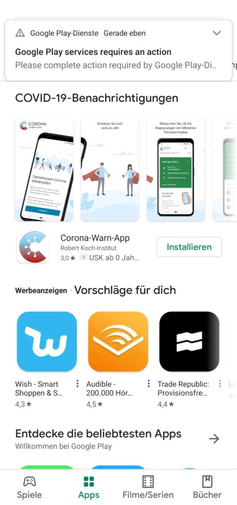 Ansicht Playstore mit Play Services Meldungen