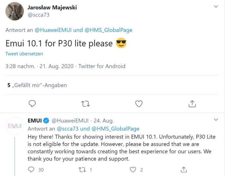 P30 Lite EMUI 10.1 Update Tweet