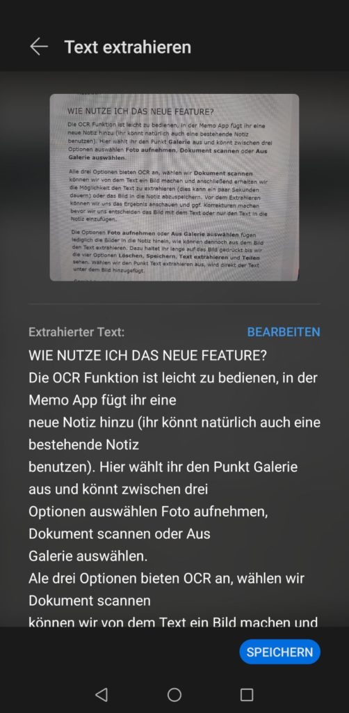 Memo App OCR Ergebnis