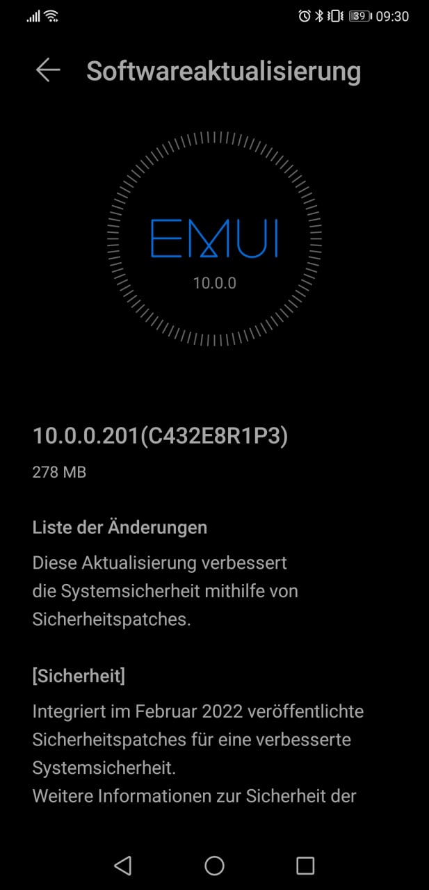 Nach einem viertel Jahr gibt es nun auch wieder ein neues Update für das P20 Pro. Wie die meisten anderen Geräte auch erhält es das Sicherheitspatch Februar 2022