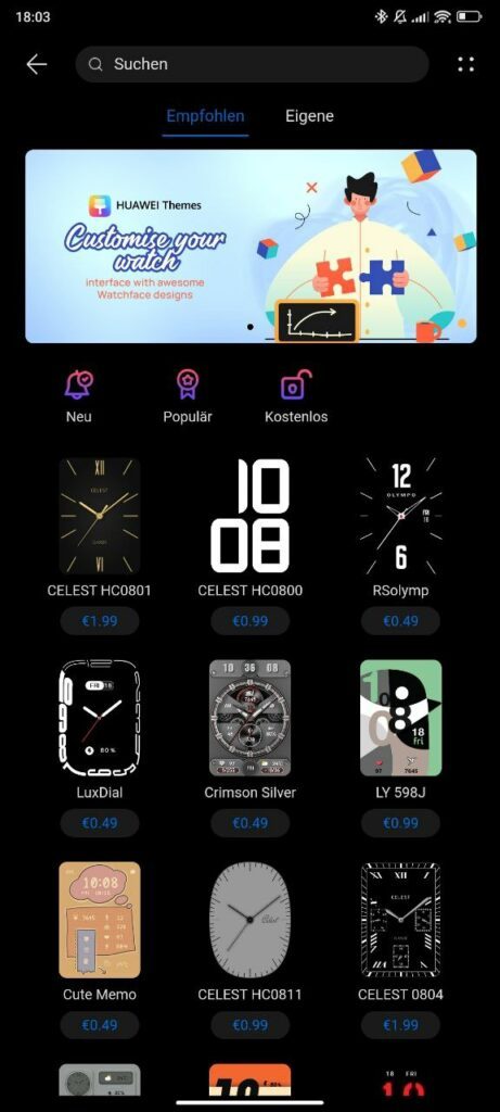 Watchfaces in der App Gallery für die HUAWEI Watch Fit 2