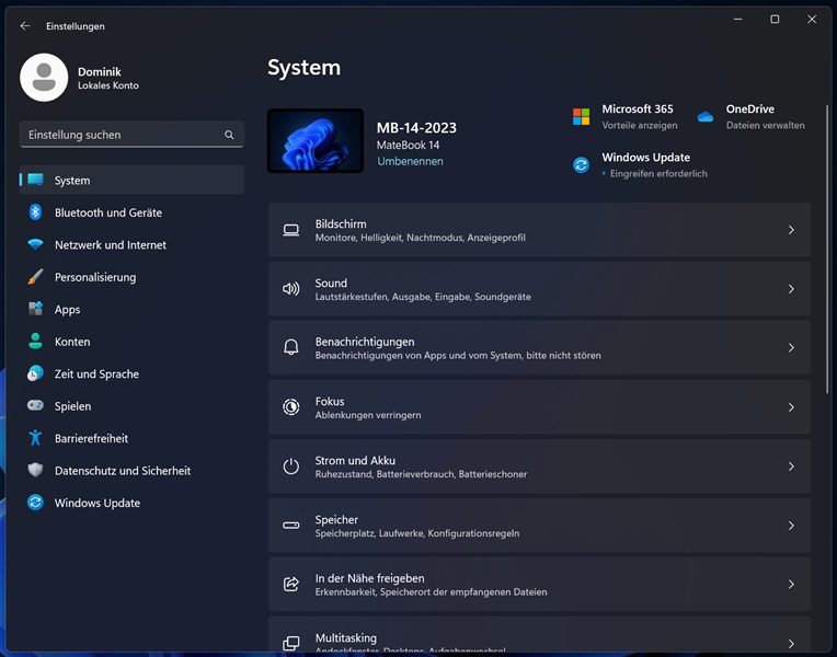HUAWEI MateBook 14 2023 Test - PC Einstellungen Windows 11