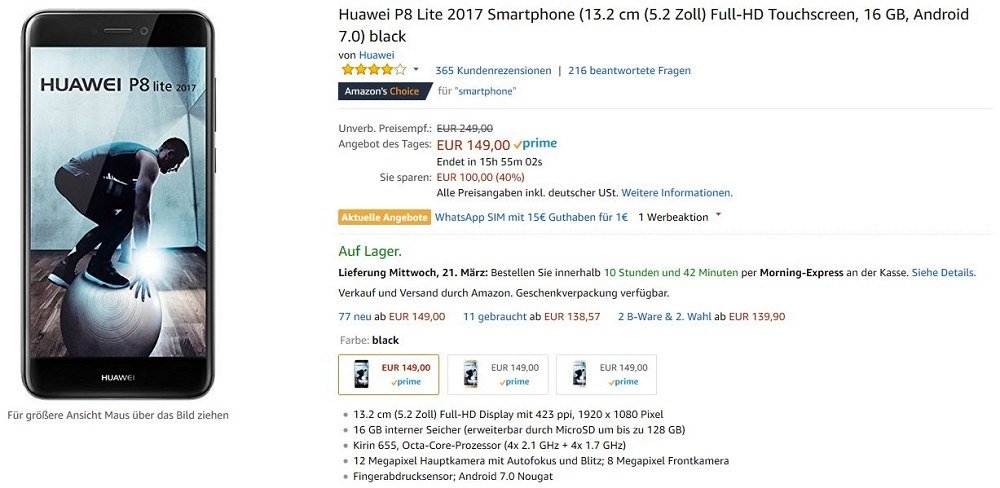 Huawei Amazon P8 Lite 2017 Angebot