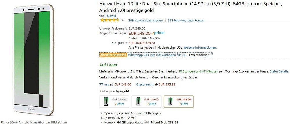 Huawei Amazon Mate 10 Lite Angebot